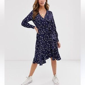 Influence navy blue floral print ruffle long sleeve v neck midi dress size 2XL